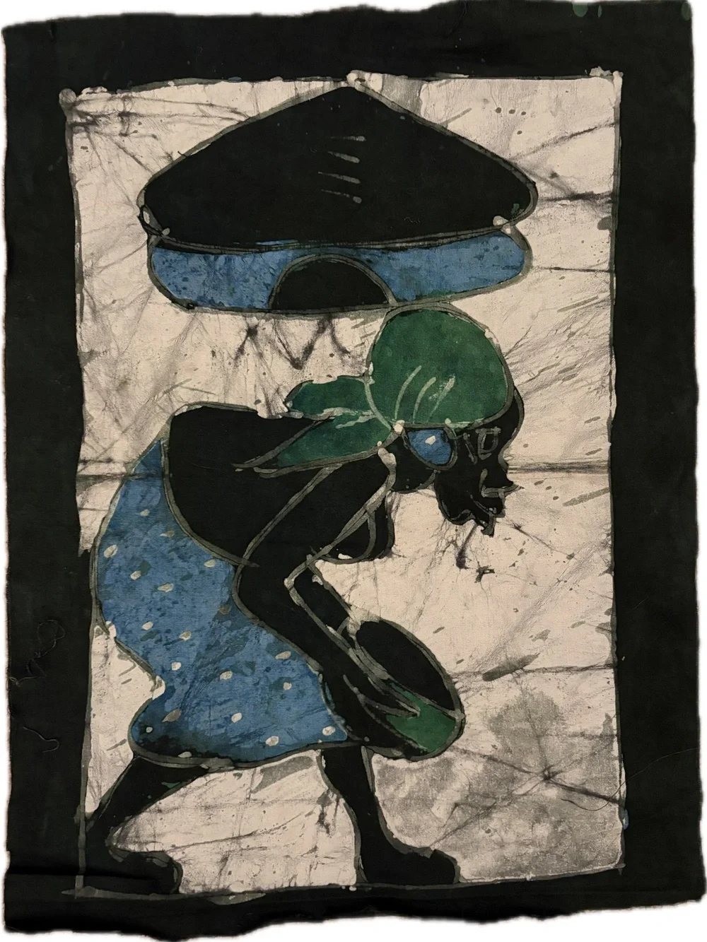 Handmade Batik Textile Panel - Black, Blue & Green Figurative Design